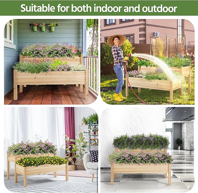 Yaheetech 47x41x30in Wooden Raised Garden Bed Horticulture Outdoor 2 Tiers Elevated Planter Grow Box for Herb with Legs &amp Drainage Holes