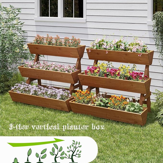 3-Tiers Wooden Raised Garden Bed Tiered Planter Box Flower Pots Vertical Garden Planter Wood Plant Stand for Vegetables Flowers Herbs for Patio Balcony Freestanding (Brown L)