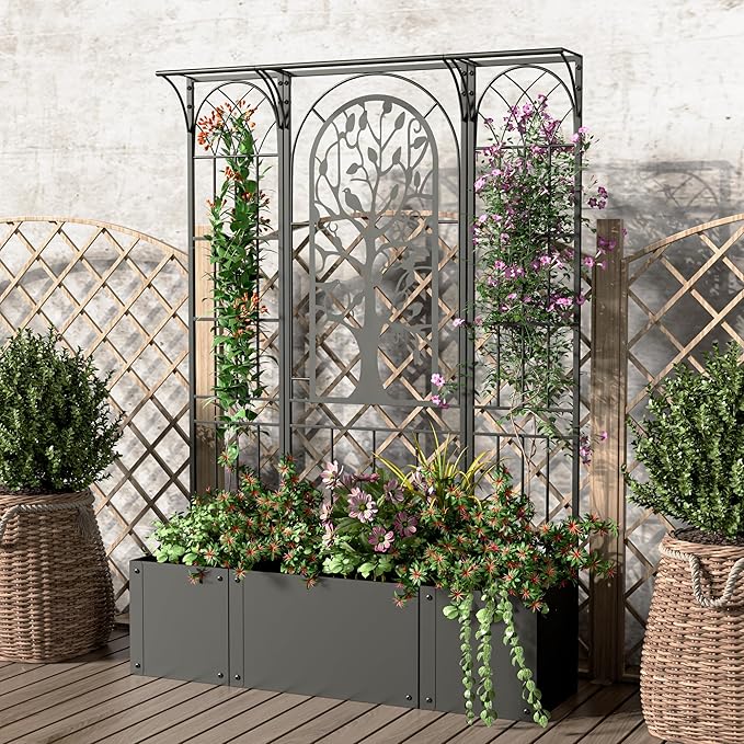 Metal Planter Box with Trellis Raised Garden Bed with Trellis Privacy Screen 62 inch Tall Planter Boxes for Climbing Plants Flowers Vegetables Fruits Balcony and Patio Decor (Black)