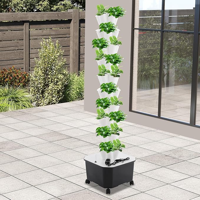 Hydroponic Growing Tower 10 Layered Hydroponic Planting Tower 50 Slots Vegetable Growth Hydroponics System 25L Water Tank Hydroponic Garden Tower for Vegetable Strawberries Lettuce
