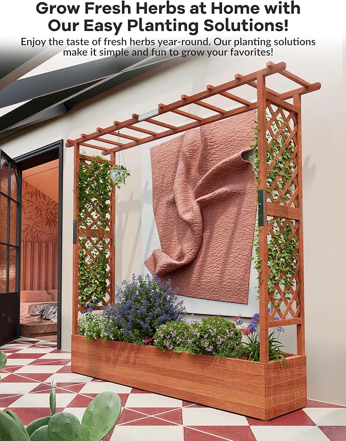 GarveeLife Raised Garden Bed with Trellis 72 in Wood Planter Box with Side Trellis Hanging Roof and 4 Drainage Holes Freestanding Elevated Garden Bed for Climbing Plants Vines Flowers