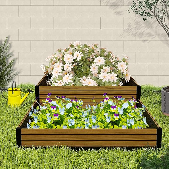 Elevated Wooden Raised Garden Planter - 2-Tier Outdoor Flower &amp Vegetable Box for Patio Backyard or Garden - Durable Weather-Resistant Design - 47.2 x 47.2 x 12.2 (Brown)
