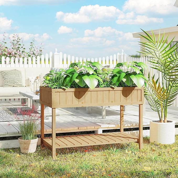 Outsunny 43x18x30in Raised Garden Bed with 8 Pockets and Shelf Wooden Elevated Planter Box with Legs to Grow Herbs Vegetables and Flowers Natural