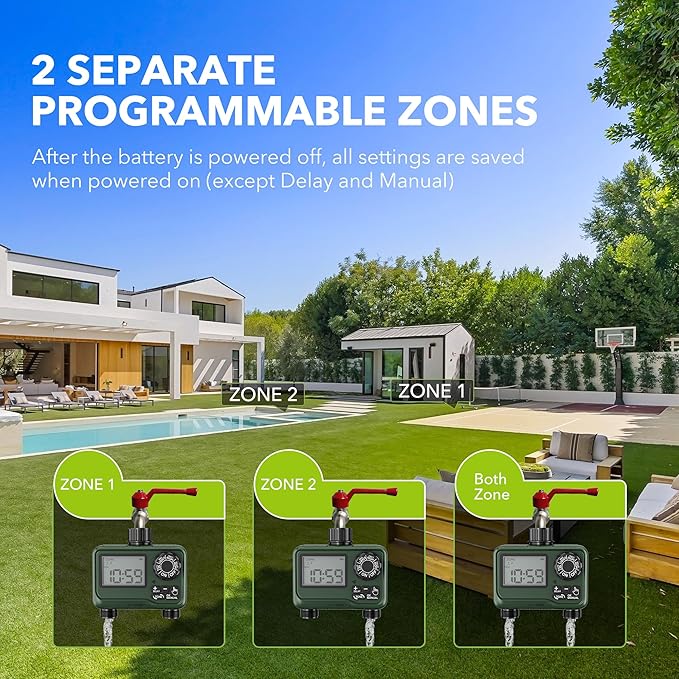BN-LINK Sprinkler Timer Outdoor - 2 Zone Programmable Water Timer with Rain Delay Automatic Irrigation System for Lawns &amp Garden Hoses - Waterproof Manual Controller with Large LCD Display