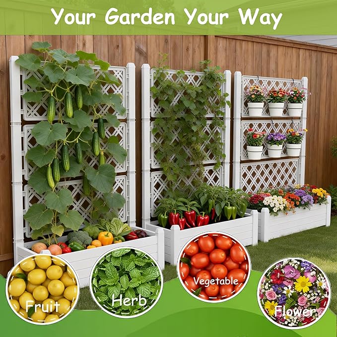 5.3' Tall Raised Garden Bed with Trellis Self Watering Planter Box for Outdoor Climbing Plants Resin Garden Lattice for Vegetables Flowers Tomato &amp Vine with Drainage Holes (Ashen 1 PC)