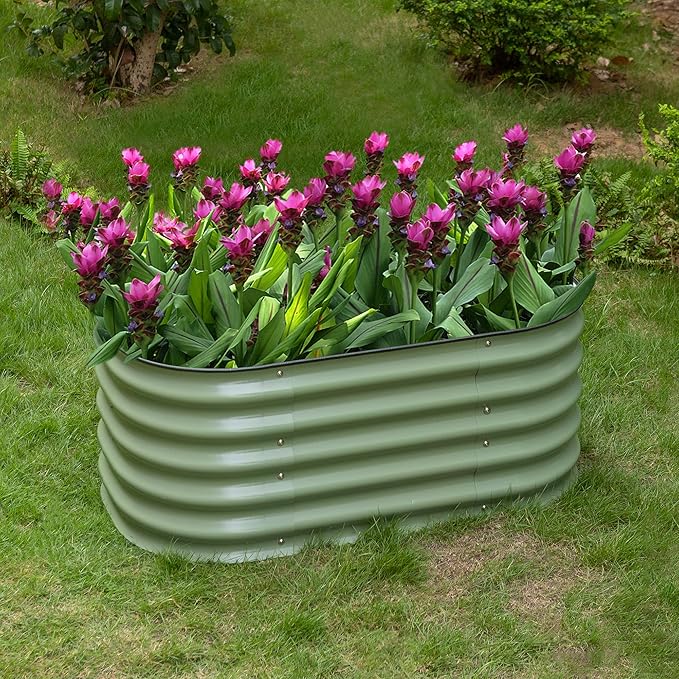 PHI VILLA Galvanized Raised Garden Bed Kit Galvanized Planter Raised Garden Boxes Outdoor Oval Large Metal Raised Garden Beds for Vegetables Flower and HerbGreen Medium