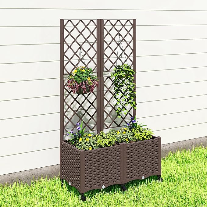 Outsunny Planter Box with Trellis Self Watering Raised Garden Bed with Lockable Wheels 56.3 Trellis Privacy Planter with Drainage Holes for Climbing Plants Vines Vegetables Flowers Brown