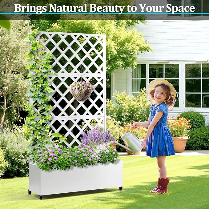 Metal Planter Box with Trellis Planter Box with Privacy Screen Privacy Trellis Outdoor for Climbing Plants with Drainage Holes Raised Garden Bed with Wheels