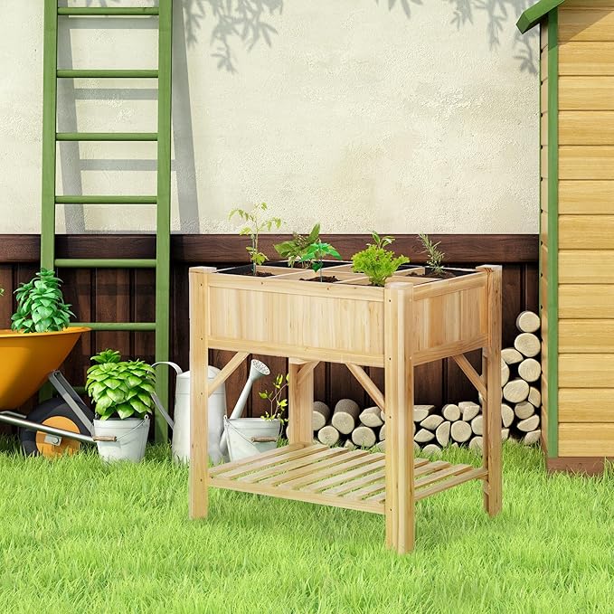 Outsunny Raised Garden Bed Wood 6 Grid 31 x 23 with Storage Shelf Water Draining Planter Box for Vegetables Flowers Herbs Patio