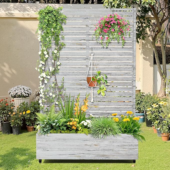 Metal Raised Garden Bed with Trellis 2-in-1 Planter Box &amp Privacy Screen for Climbing Plants Outdoor Standing Flower Bed with Drainage Holes 47.2 L x 16.7 W x 70.8 H White Oak Grain