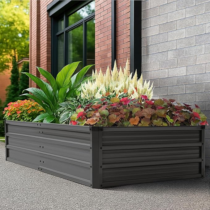 NUU GARDEN 6x3x1ft Rectangular Galvanized Raised Garden Bed for Gardening Elevated Planting Metal Planter Box Outdoor Patio Planting Bed for Vegetables Flowers Herb Dark Gray