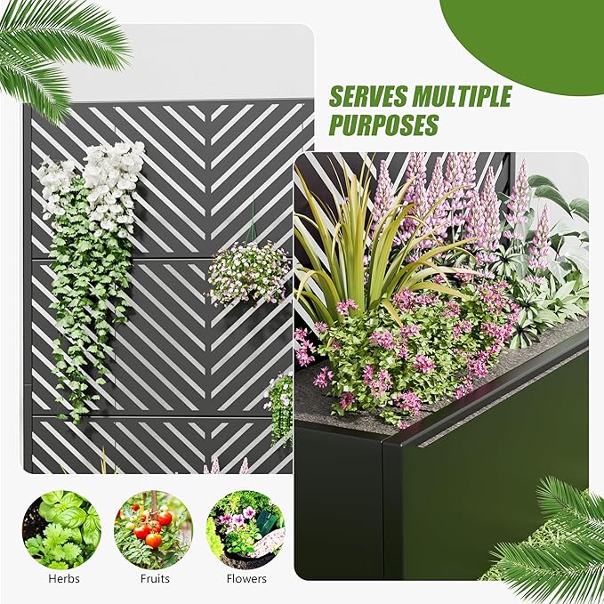 Casaphoria 72x47 Metal Raised Garden Bed with Trellis(2 Pack) Outdoor Planter Box with Wheels &amp Drainage Holes for Climbing Plants Flowers Elevated Garden Kit with Privacy Screen Black-Paral