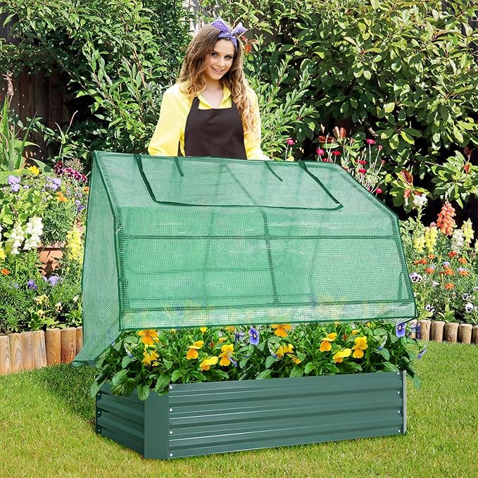 EAGLE PEAK 4x3x1 ft Outdoor Galvanized Steel Raised Garden Bed with Greenhouse 2 Zippered Windows Planter Kit Box Thick Steel Flower Bed for Herbs Fruits and Vegetables Green