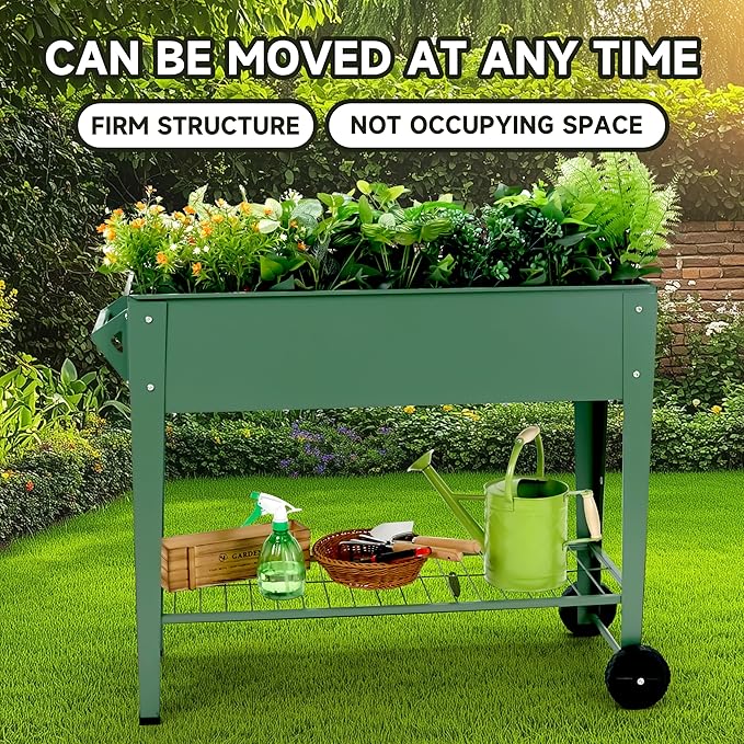 Raised Garden Bed with Legs and Wheels Removable for Outdoor 31.6 * 14.6'' Metal Planter Raised Box for Growing Vegetables Herb Flower in Patio (Green)