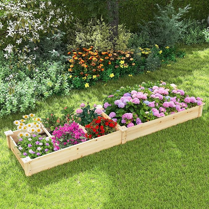 HAPPYGRILL Raised Garden Bed Wooden Planter Raised Bed w/2 Garden Boxes 7 Compartments DIY Painting Available Elevated Planter Box for Patio Garden Backyard Lawn Gardening 90” x 25” x 10”