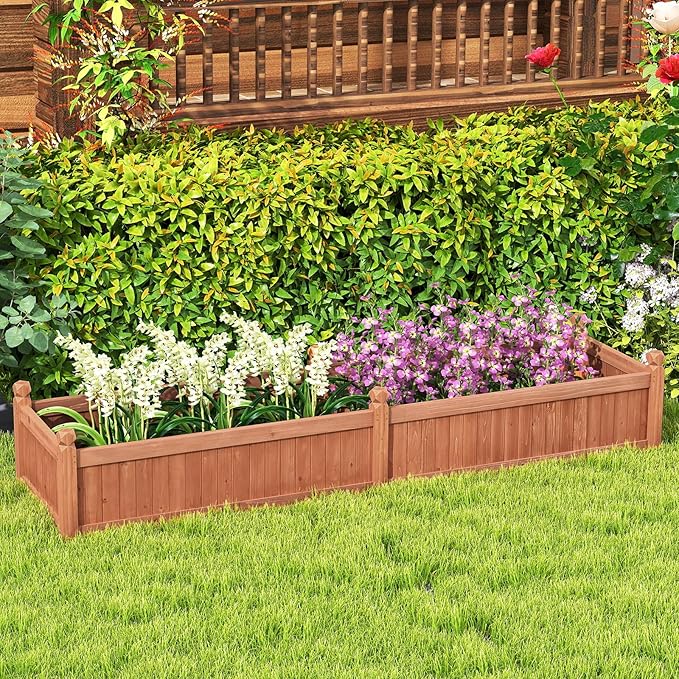 Giantex Wood Raised Garden Bed Planting Bed with Corner Drainage Non-Woven Liner for Growing Vegetables Flowers Herbs Fruits 89”x23.5”x16” Divisible Planter Box for Backyard Garden Lawn