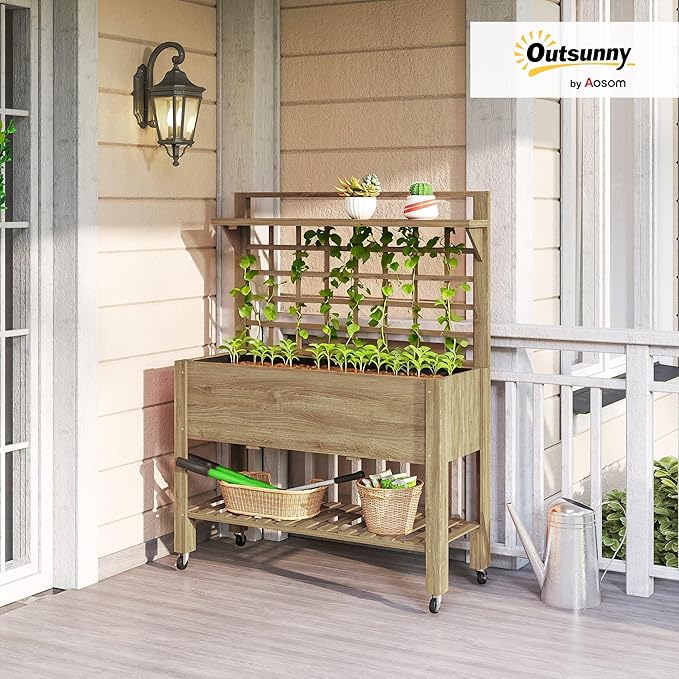 Outsunny 41 Raised Garden Bed with Trellis on Wheels Wooden Elevated Planter Box with Legs and Bed Liner for Flowers Herbs &amp Vegetables Dark Brown