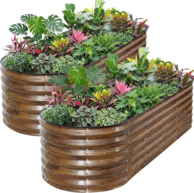 ZORMY Galvanized Raised Garden Bed Outdoor- 2PCS 6x2x1.4ft Oval Steel Raised Beds for Gardening Metal Planter Box with Protective Strip and Gloves for Vegetables Flowers Fruits(Brown)