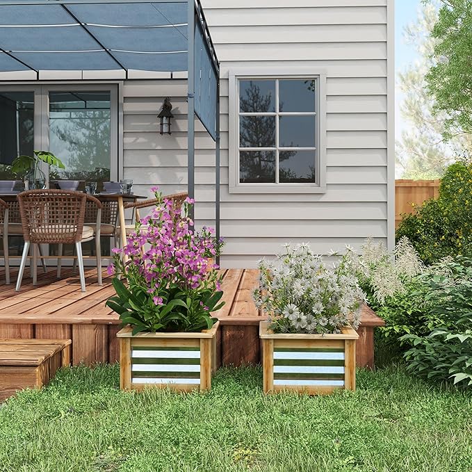 Raised Garden Bed Set of 2 Outdoor Galvanized Metal Planter Box Reinforced with Wood Stock Tanks for Growing Flowers Herbs Vegetables - Self-Draining 17.75 L x 17.75 W x 11.75 H