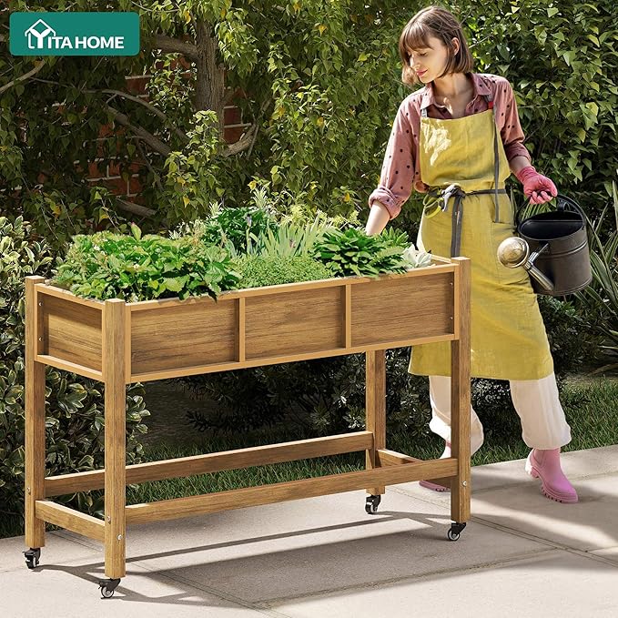 YITAHOME Raised Garden Bed HDPE 47x18x31In Poly-Wood Weather-Resistant Raised Flower Bed Elevated Planter Box with Lockable Wheels for Vegetables Brown