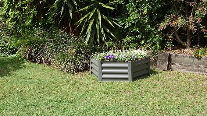 ABSCO Premium Galvanized DIY 3' x 3' Hexagon Garden Bed DIY with Easy Assembly and Superior Drainage Woodland Gray Galvanized Steel Metal Planter Garden Planter Box with 16 Walls for All Plants