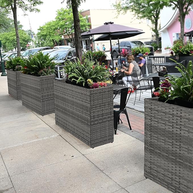 LEWIS&ampWAYNE Tall Planters for Outdoor Plants Handmade Wicker Large Rectangular Block Planter Box with Removable Liners Modern Planter for Indoor Outdoor Patio Deck - Gray