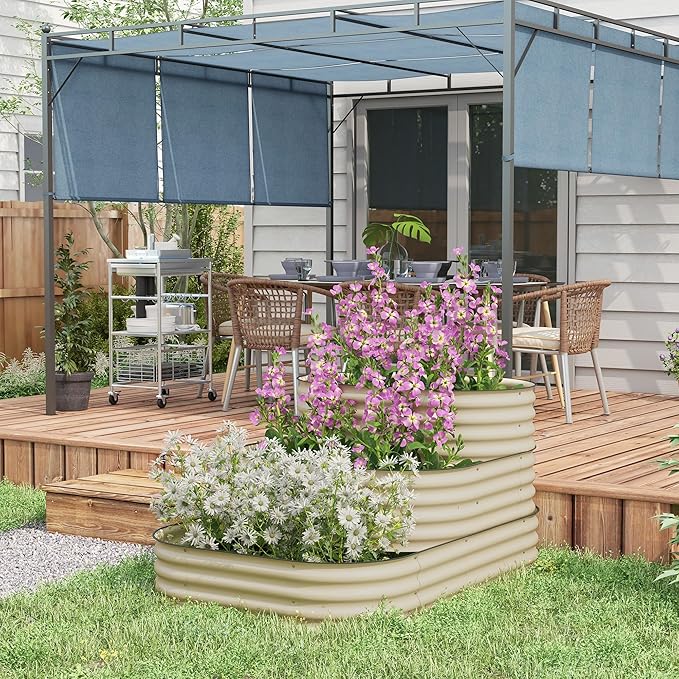 3 Tier Galvanized Steel Raised Garden Bed Kit 62.25 x 43 x 32.25 3 Combining Planter Boxes with Rubber Strip Edging Open Bottom for Backyard Garden Patio Cream White