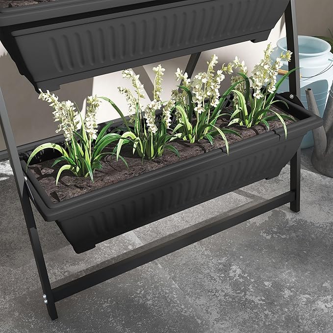 Raised Garden Bed 4 Tier Vertical Garden Planter Set 4 Outdoor Planter Boxes with Stand Self Draining Design Elevated Garden for Vegetable Flowers &amp Herbs Black