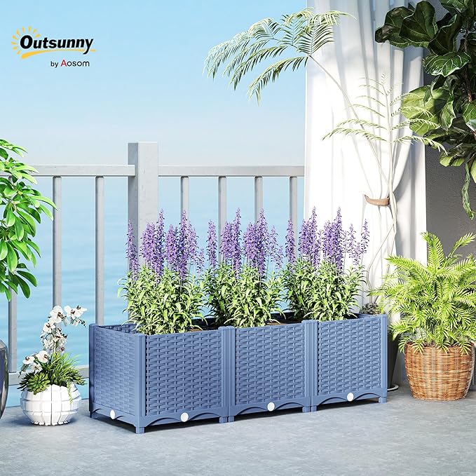 Outsunny 4 x 1 x 1 ft Raised Garden Bed Indoor Outdoor Plastic Planter Box with Drainage Holes Drain Plugs and Water Reservoirs for Vegetables Herbs Flowers &amp Succulents Blue