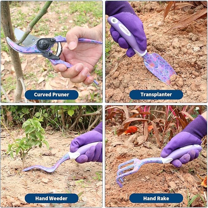 Purple Garden Tool Sets 10-Piece Aluminum Alloy Steel Hand Tools w/Non-Slip Ergonomic Handle Floral Print Garden Supplies Organizer Handbag Cute Gardening Tools Gift for Women Grandmother
