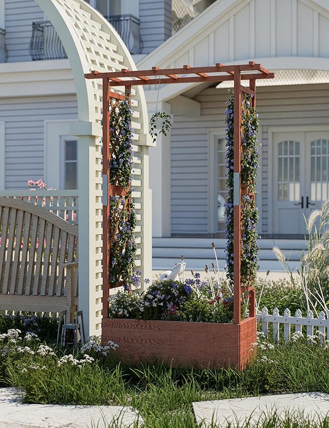 GarveeLife Raised Garden Bed with Trellis 45 in Wood Planter Box with Side Trellis Hanging Roof and 4 Drainage Holes Freestanding Elevated Garden Bed for Climbing Plants Vines Flowers