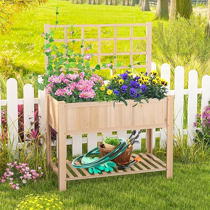 S AFSTAR Raised Garden Bed with Trellis 42x21x58in Elevated Planter Box with Legs Bottom Storage Shelf Planter Liner Wood Standing Planter Stand for Climbing Plants Flowers Vegetables Herbs