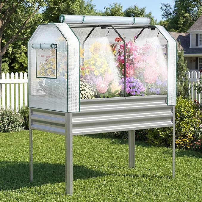 Galvanized Raised Garden Bed with Self-Watering System Elevated Planter Boxes Outdoor with Legs and PE Cover for Vegetables and Flowers Backyard Patio Balcony 48x24x56 in