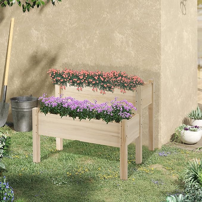 Outsunny 34x34x28 Raised Garden Bed 2-Tier Elevated Wood Planter Box for Backyard Patio to Grow Vegetables Herbs and Flowers Natural