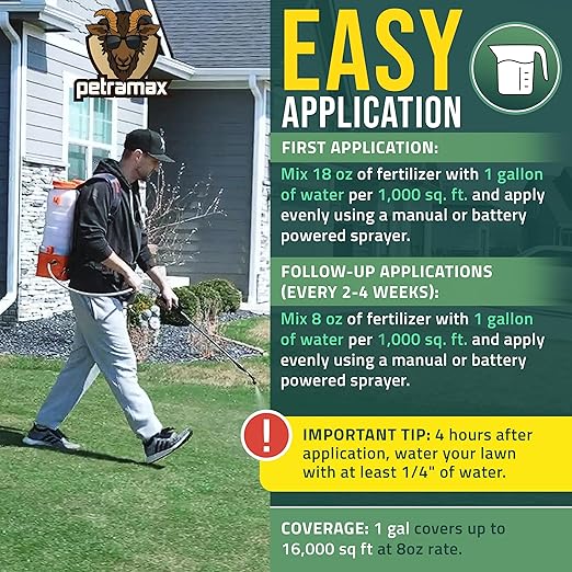 PetraMax Neighbor’s Envy Grass Fertilizer for Lawn &amp Garden 4 Gallon Covers up to 64000 sq.ft. 7-in-1 Liquid Lawn Fertilizer Concentrate for Deep Green Turf - Includes Nitrogen/Iron/Humic/Sea Ke