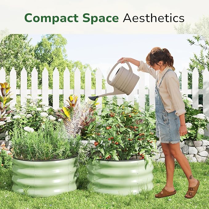 GreatBuddy 2x2x1 ft Round Galvanized Raised Garden Bed Easy-Assembly Raised Bed with Anti-Cut Gloves &amp Tools Rust-Proof Garden Bed for Outdoor Vegetables Herbs Small Trees Green