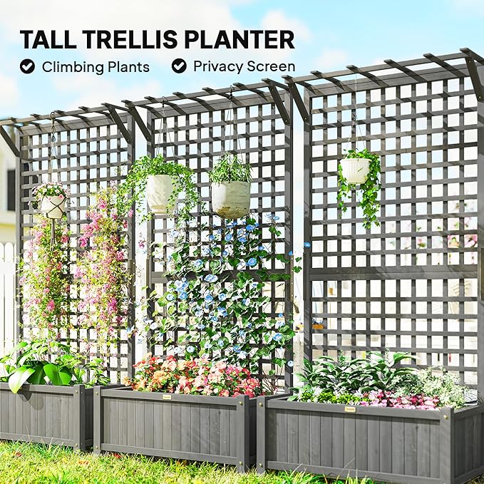 Outsunny Wood Planter with Trellis Raised Garden Bed for Climbing Plants w/Drainage Holes and Roof 35.5 x 17.75 x 72 Dark Gray