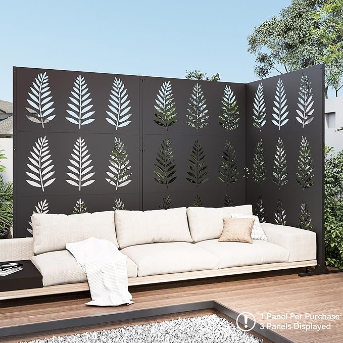 Modern Shade 4x6 FT Metal Privacy Screen with Artistic Modular Designs Decorative Patio Privacy Fence &amp Garden Divider Freestanding Outdoor Metal Fence Panel Weather-Resistant (Tropic Rows)