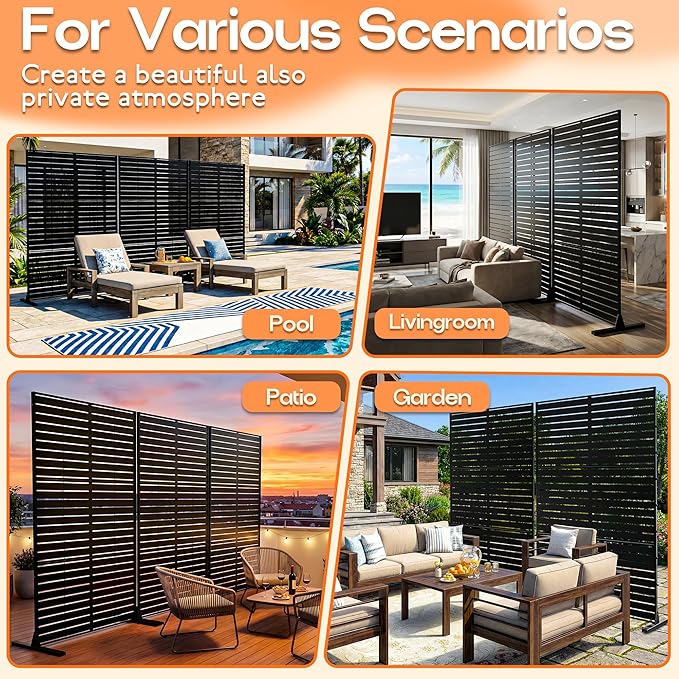 Metal Privacy Screen 72 H x 47.2 Decorative Outdoor Privacy Screen Privacy Panel with Stand for Balcony Deck Patio Lawn Garden Privacy Fence (Black-Louvered)