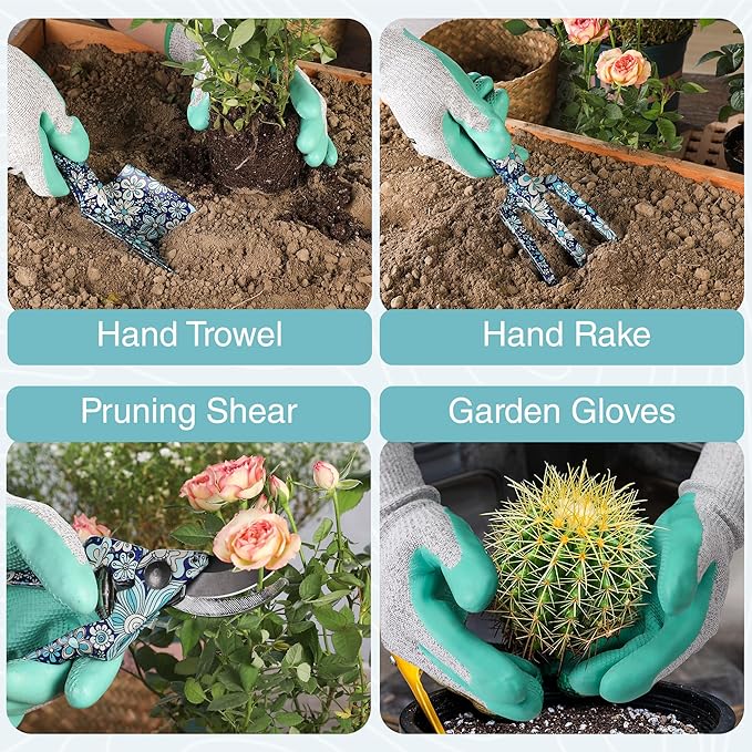 WORKPRO 5PCS Garden Tool Set Aluminum Heavy Duty Gardening Tool Set with Garden Tool Bag Outdoor Garden Hand Tools Floral Blue