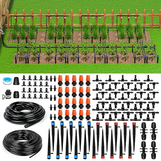 MIXC 226FT Greenhouse Micro Drip Irrigation Kit Automatic Patio Plant Watering System with 1/4 &amp 1/2 Tubing Adjustable Nozzles Emitters &amp Barbed Fittings for Efficient Irrigation