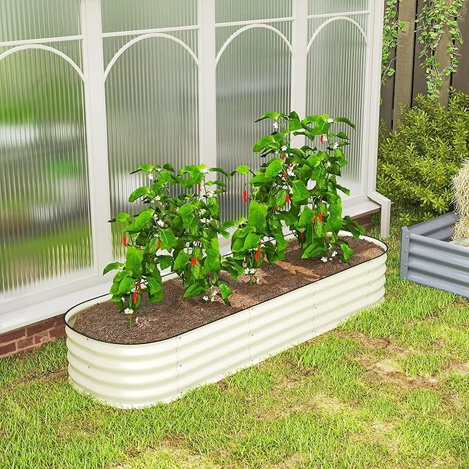 Outsunny 6.5' x 2' x 1' Galvanized Raised Garden Bed Kit Outdoor Metal Elevated Planter Box with Safety Edging Easy DIY Stock Tank for Growing Flowers Herbs &amp Vegetables Cream