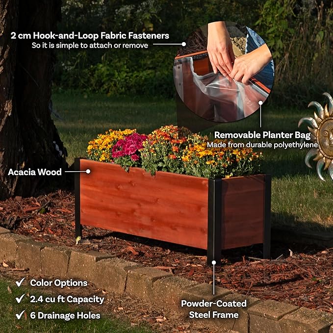Sunnydaze Acacia Wood Rectangular Planter Box - 14.75 H Wooden Raised Garden Bed with Removable Polyethylene Planter Bag - Brown