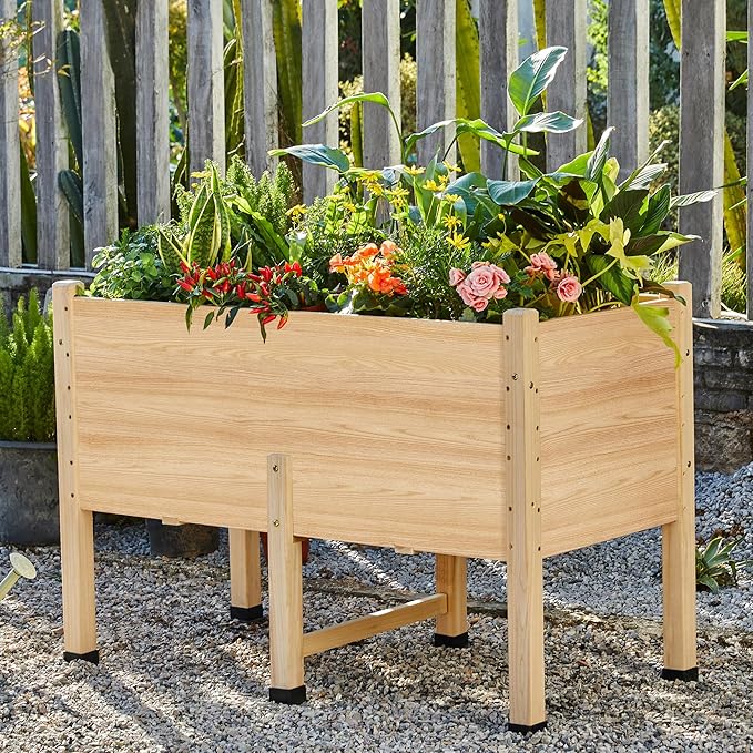 AMERLIFE 4x2 Ft Raised Garden Bed - Features Legs Drainage Holes 16 Inch Depth Ideal for Vegetables Flowers Herbs Elevated Wood Planter Box for Balcony Patio and Backyard Easy Assembly