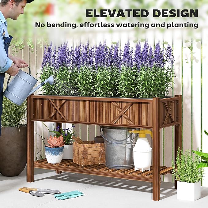 Outsunny Raised Garden Bed Elevated Wood Planter Box with Storage Shelf Drainage Holes and Liner for Backyard Patio Balcony 47 x 22 x 31.5 in Carbonized