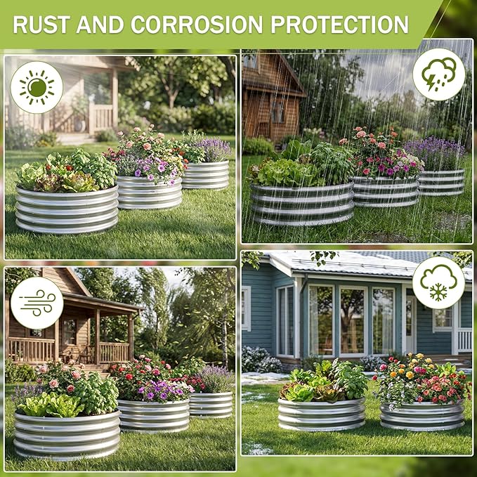 AHEONLAR 3Pack 2x2x1 ft Round Galvanized Raised Garden Bed Kit Round Metal Flower Box Large Planter Raised Beds Outdoor Garden for PlantingFruitHerb-Sliver