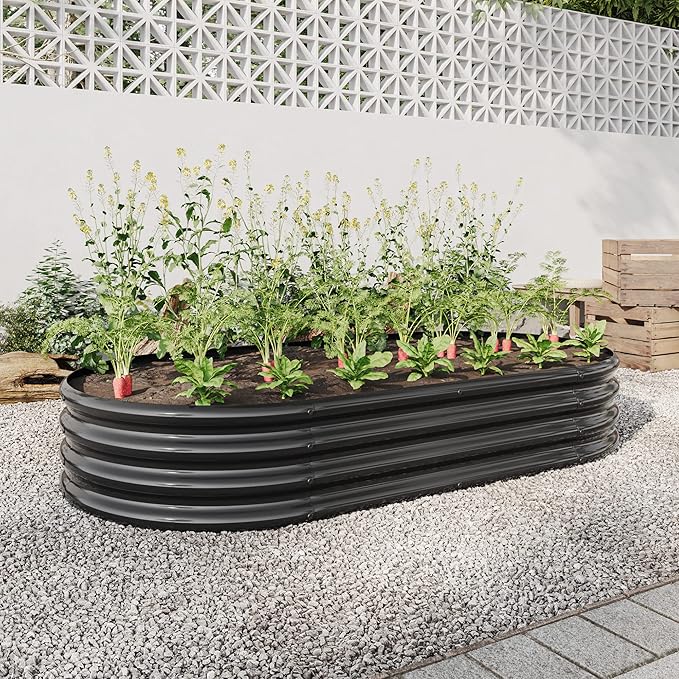 Oval Outdoor Raised Garden Bed Large Metal Planter for Vegetables Plants Flowers - Black
