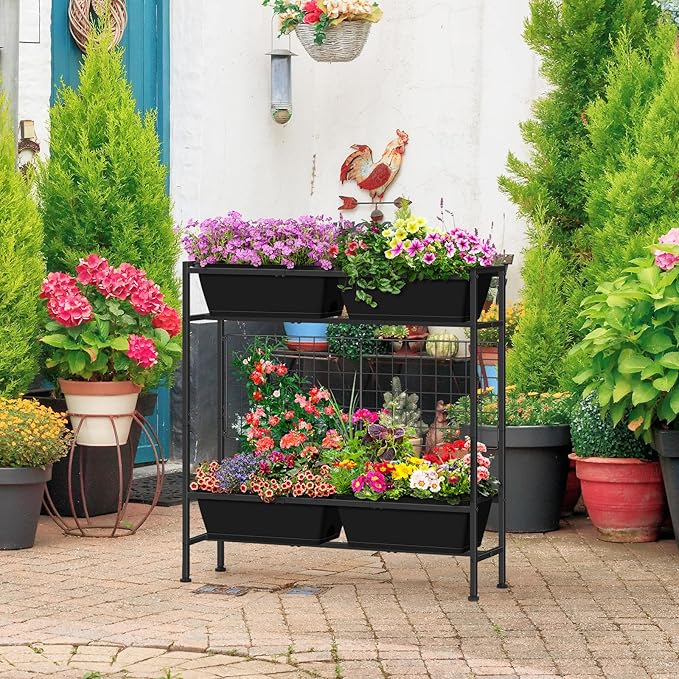 OYEAL Raised Garden Bed 32 Tall Elevated Planter Boxes with Trellis &amp Legs Standing Herb Garden Planter Outdoor for Gardening Vegetables Flowers Herbs Backyard Black