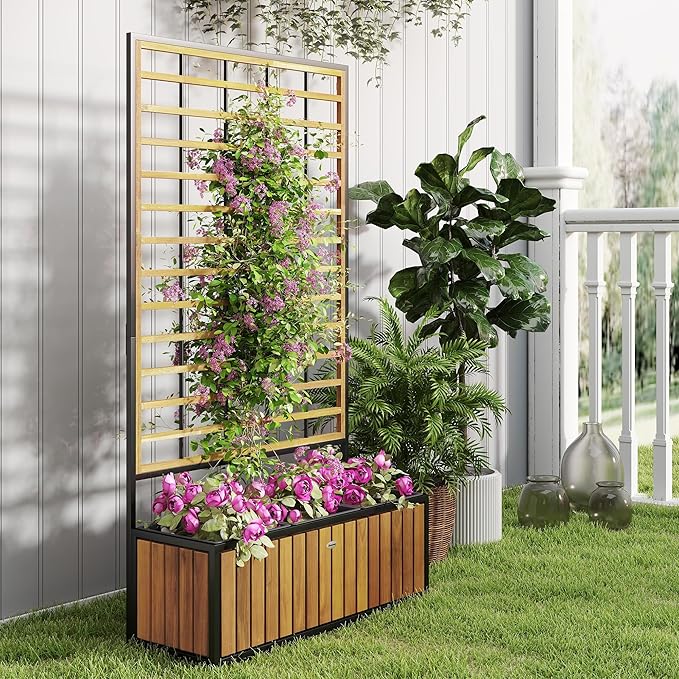 Outsunny Wooden Raised Garden Bed with Trellis Removable Pots Drainage Holes for Climbing Vines Vegetables Flowers Raised Planter Box for Backyard Patio Balcony 29 x 11 x 52 in. Teak