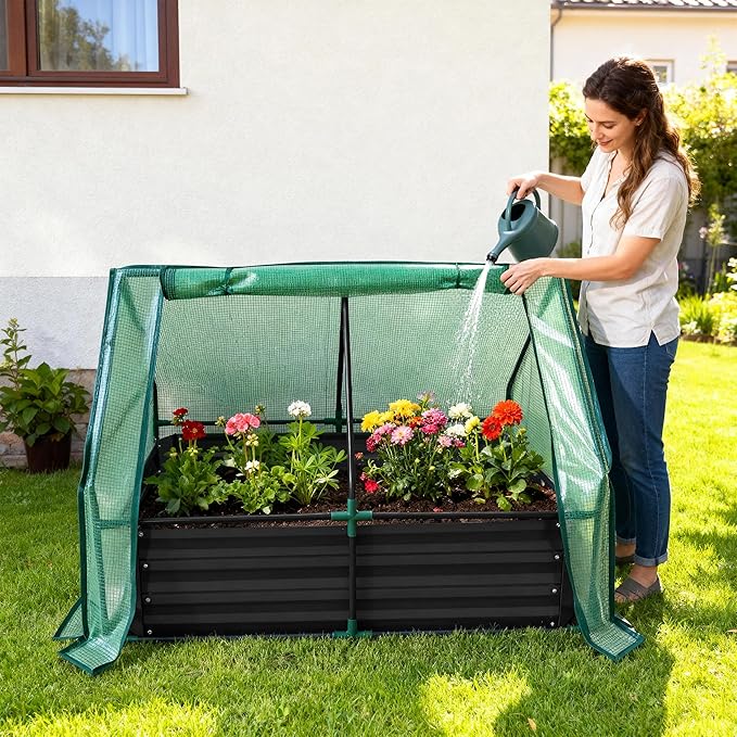 Relaxdays Raised Bed with Greenhouse for Flowers Plants and Vegetables H x W x D: 92 x 125 x 95 cm Garden Plant Bed Black